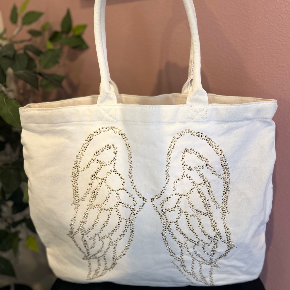 Victoria’s Secret White Canvas Bling Angel Wings Tote Shopper Beach Bag
